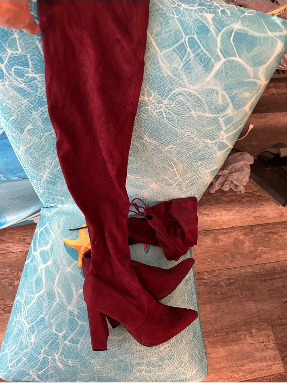 Women's Burgundy Faux Suede Pointed Toe Block Heel Boots Knee High - Size 8